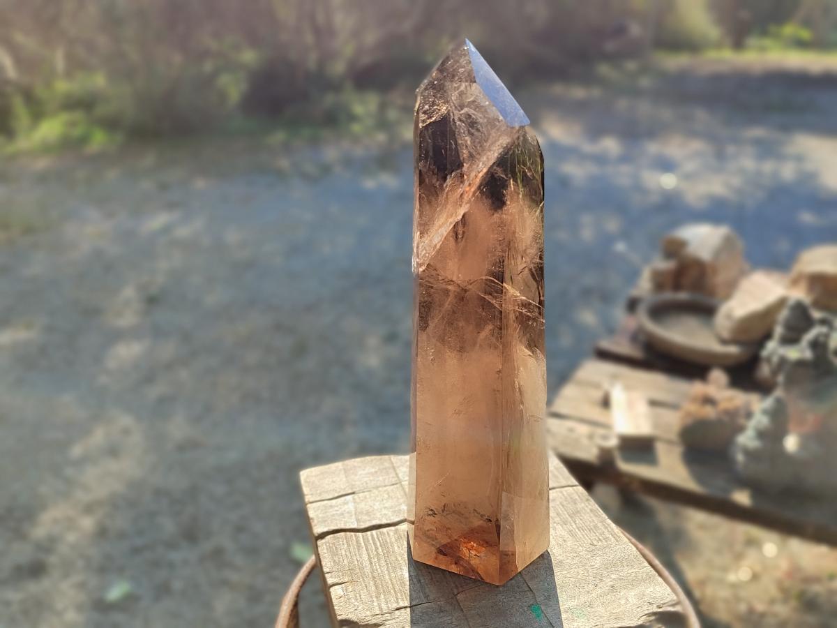 Polished XL Tall Smokey Quartz Display Crystal with Enhydro x 1 From Akansobe, Madagascar