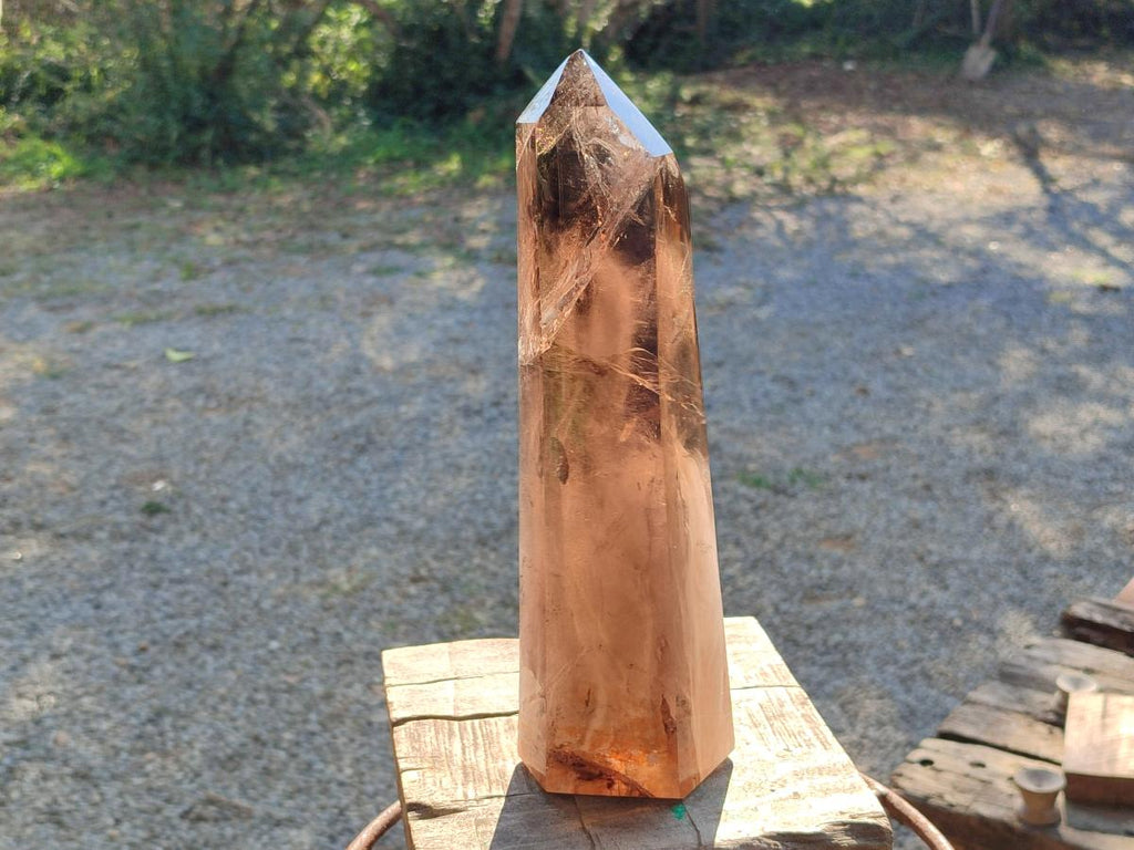 Polished XL Tall Smokey Quartz Display Crystal with Enhydro x 1 From Akansobe, Madagascar