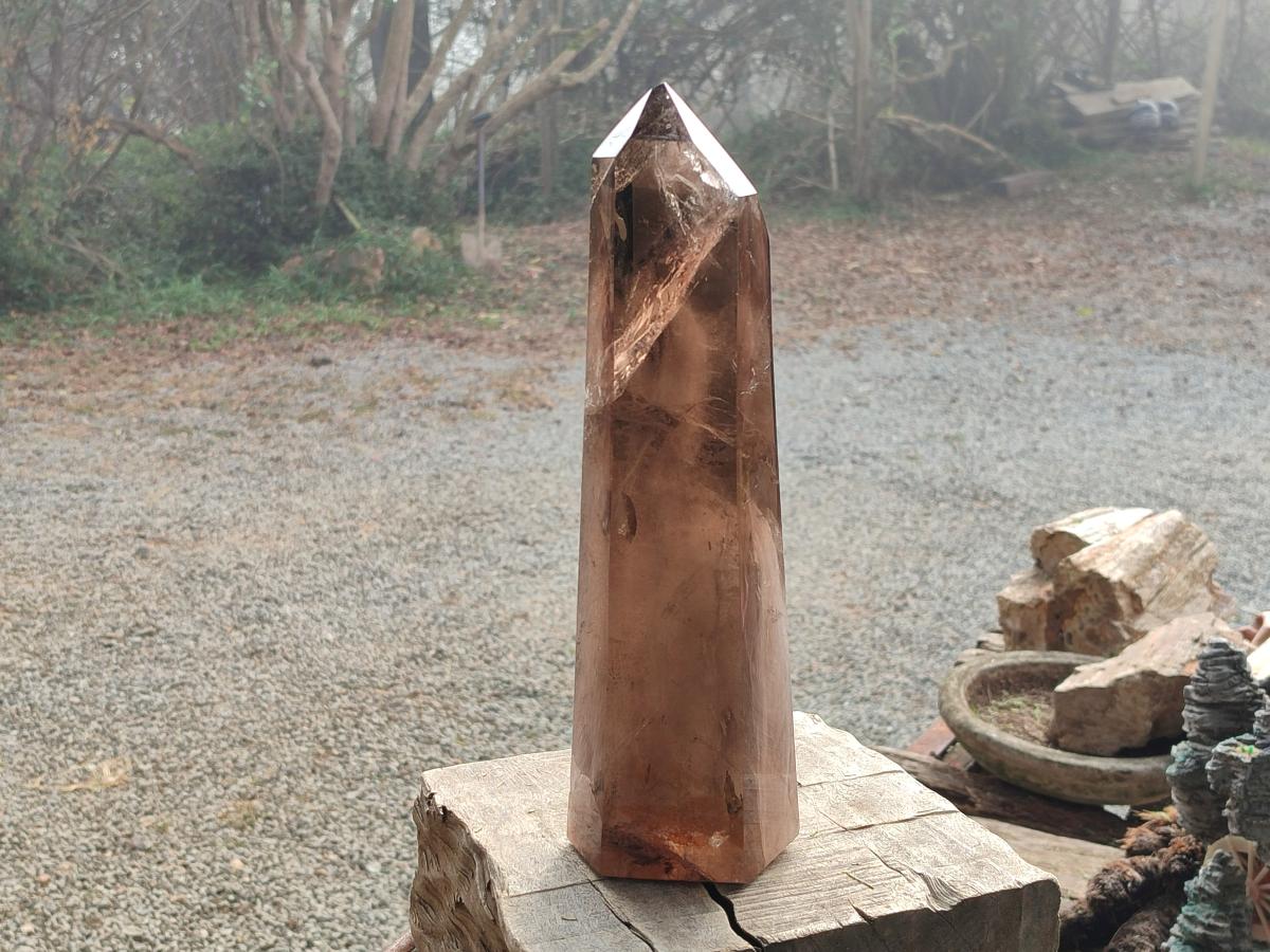 Polished XL Tall Smokey Quartz Display Crystal with Enhydro x 1 From Akansobe, Madagascar