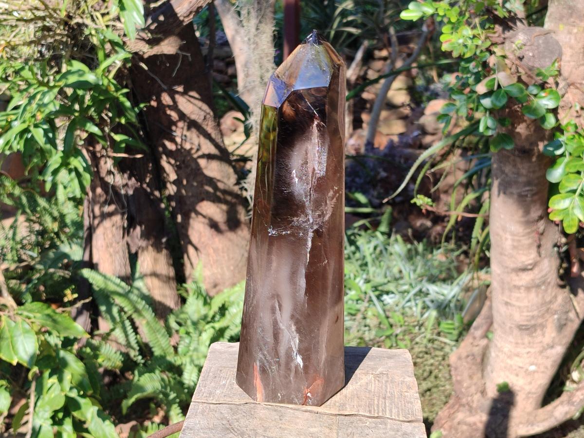 Polished XL Tall Smokey Quartz Display Crystal with Enhydro x 1 From Akansobe, Madagascar
