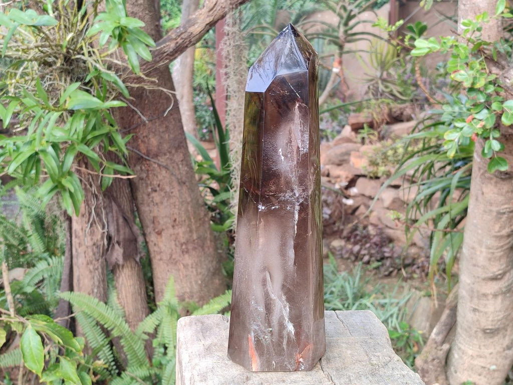 Polished XL Tall Smokey Quartz Display Crystal with Enhydro x 1 From Akansobe, Madagascar