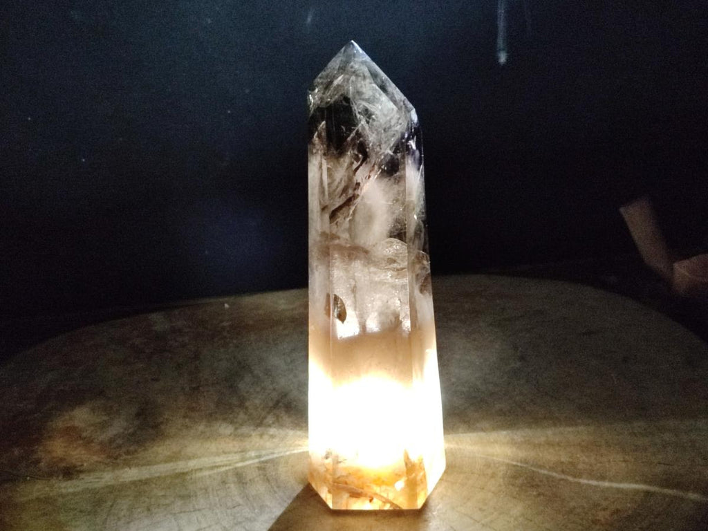 Polished XL Tall Smokey Quartz Display Crystal with Enhydro x 1 From Akansobe, Madagascar