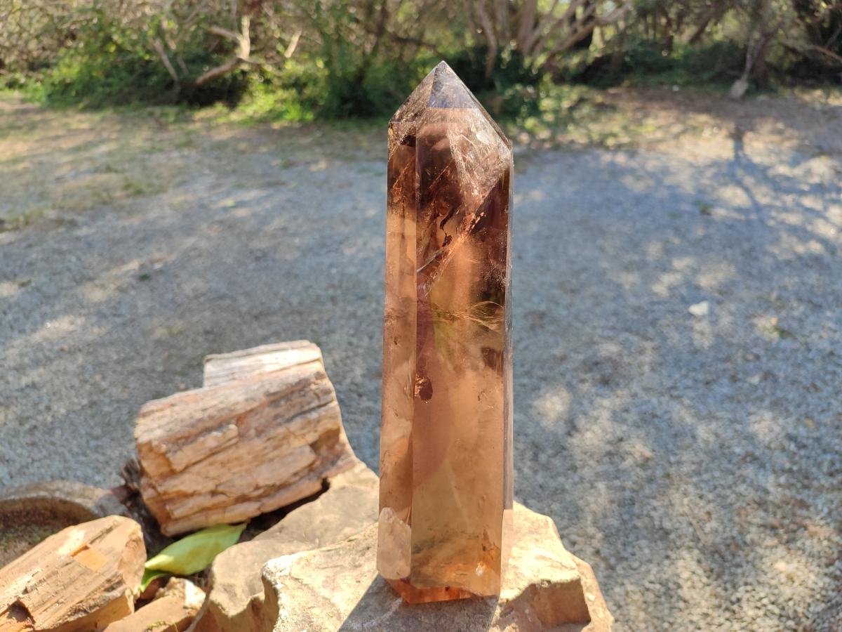 Polished XL Tall Smokey Quartz Display Crystal with Enhydro x 1 From Akansobe, Madagascar