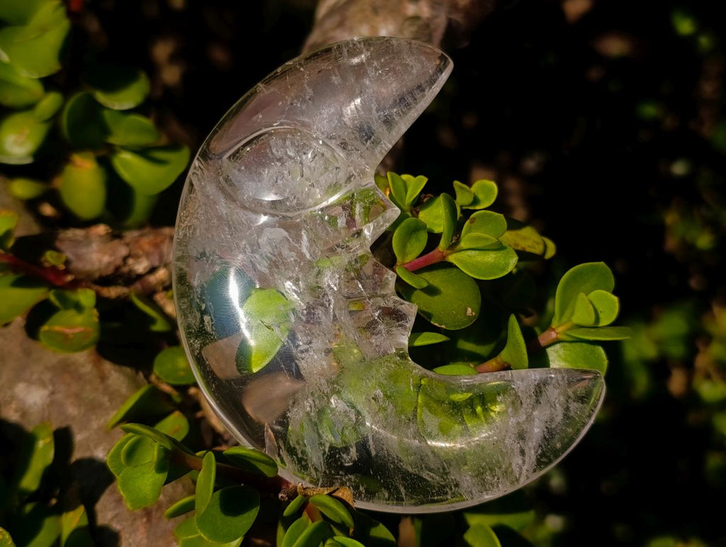Polished Man on the Moon Rock Crystal Crescent Moon Carving x 1 From Madagascar
