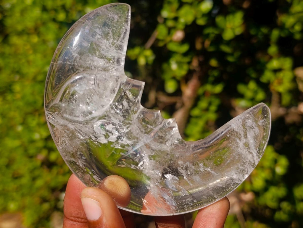 Polished Man on the Moon Rock Crystal Crescent Moon Carving x 1 From Madagascar