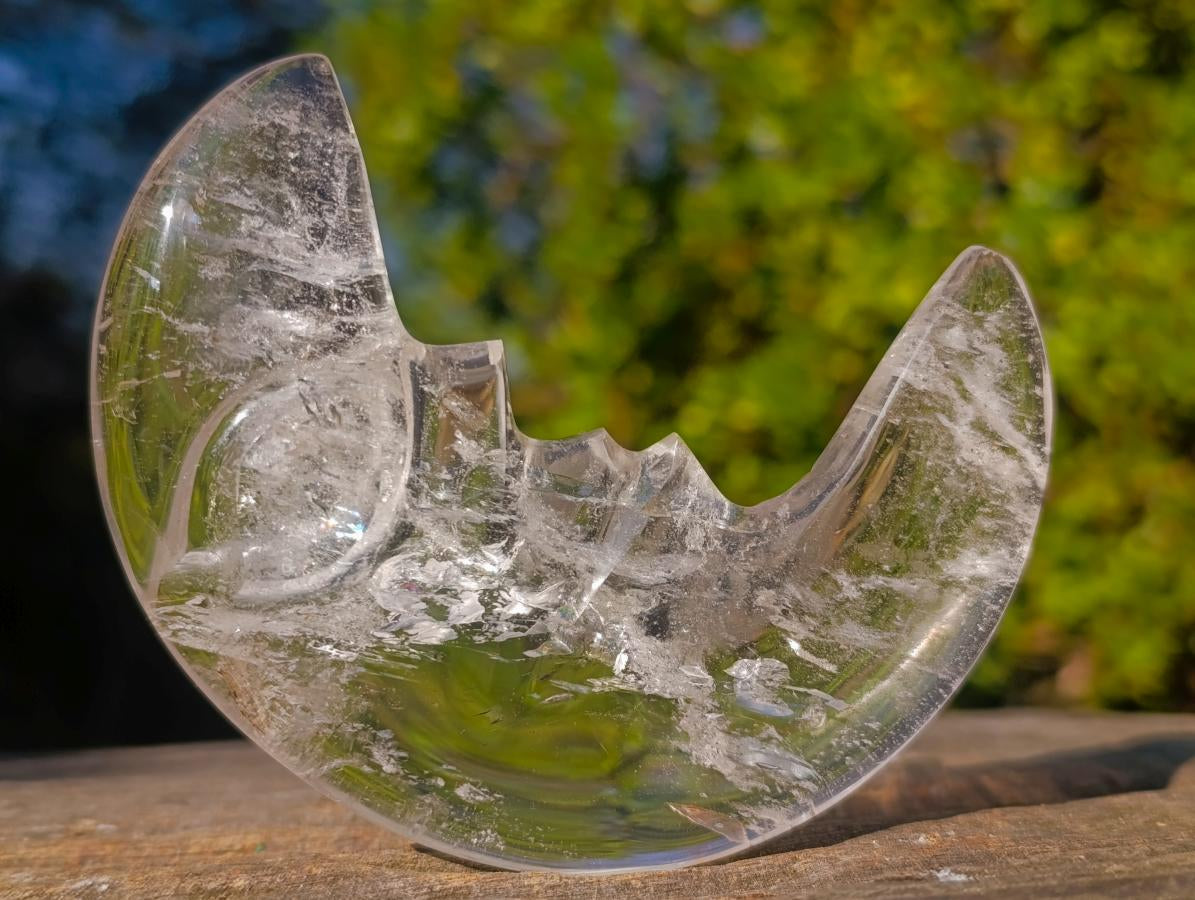 Polished Man on the Moon Rock Crystal Crescent Moon Carving x 1 From Madagascar
