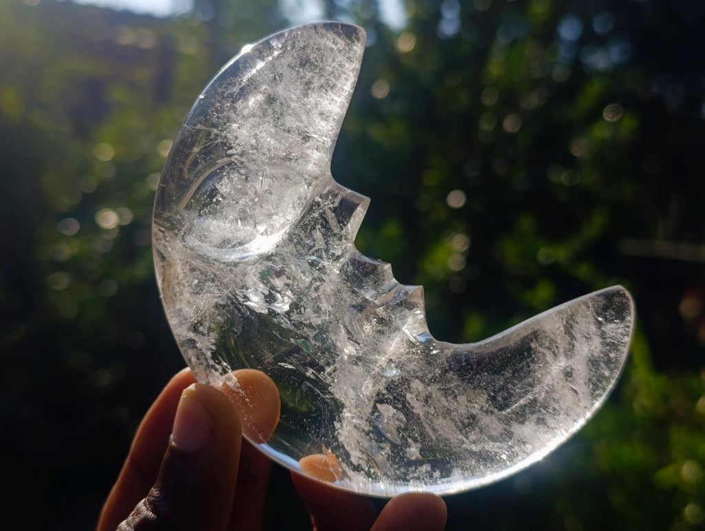 Polished Man on the Moon Rock Crystal Crescent Moon Carving x 1 From Madagascar