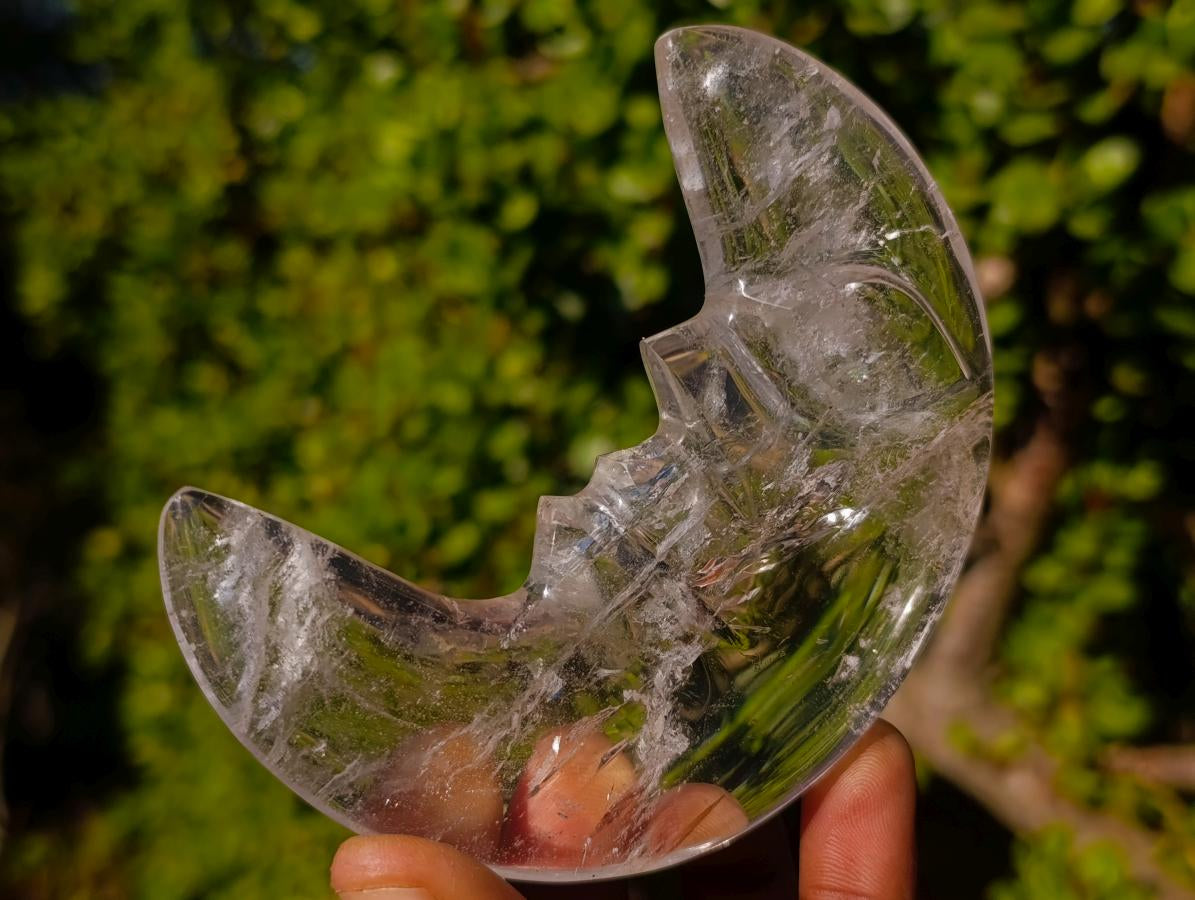 Polished Man on the Moon Rock Crystal Crescent Moon Carving x 1 From Madagascar