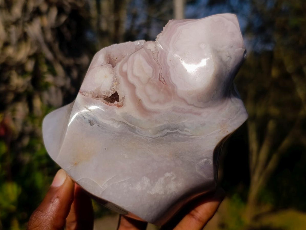 Polished Large Rare Ocean Jasper Crystal Centred Flame Sculpture x 1 From Maintirano, Madagascar