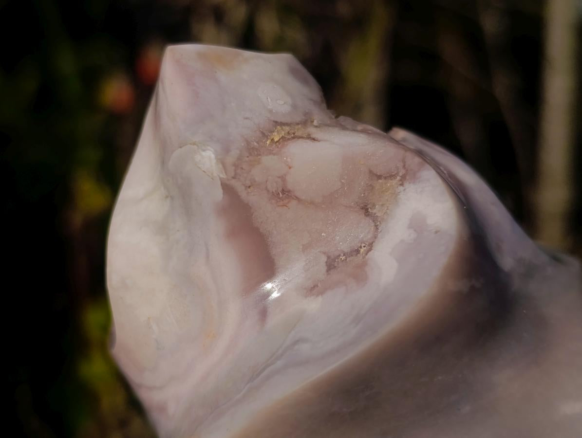 Polished Large Rare Ocean Jasper Crystal Centred Flame Sculpture x 1 From Maintirano, Madagascar