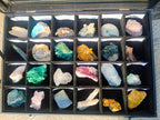 Natural Mix Set of 24 African Minerals and Crystals in a Black Wooden Display Case x 1 From Southern Africa
