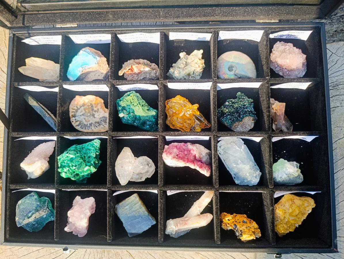 Natural Mix Set of 24 African Minerals and Crystals in a Black Wooden Display Case x 1 From Southern Africa