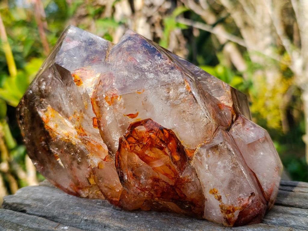 Polished Large Twin Sceptre Smokey Window Quartz Crystal with Enhydro x 1 From Akansobe, Madagascar