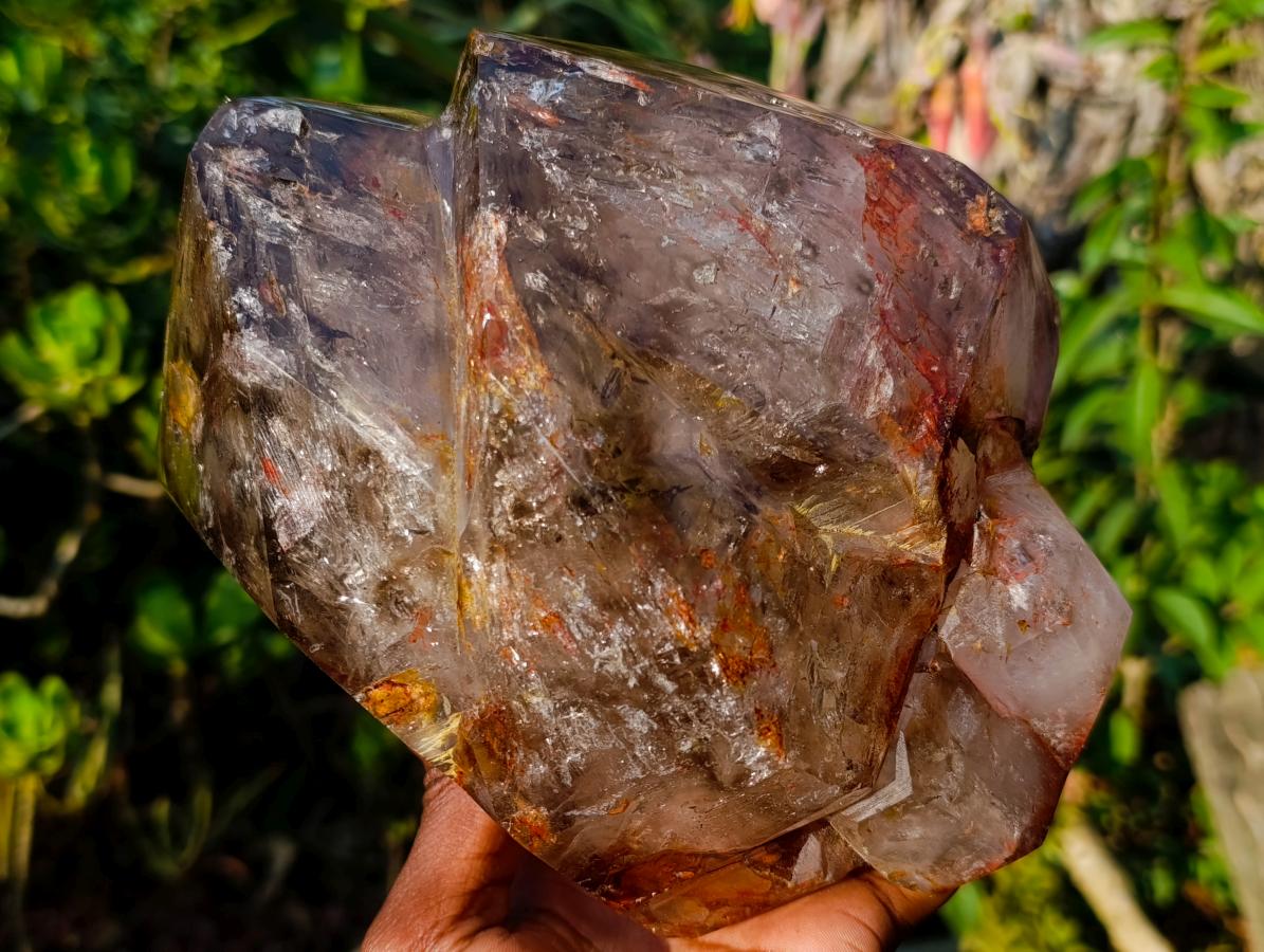 Polished Large Twin Sceptre Smokey Window Quartz Crystal with Enhydro x 1 From Akansobe, Madagascar