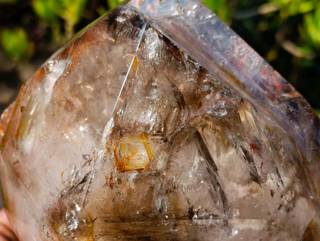 Polished Large Twin Sceptre Smokey Window Quartz Crystal with Enhydro x 1 From Akansobe, Madagascar