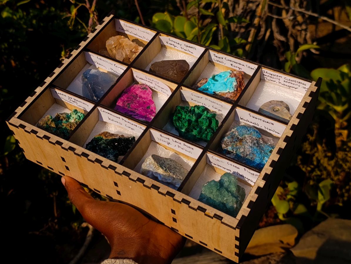Natural Mix Set of 12 African Specimens in a Wooden Display Box x 1 From Southern Africa