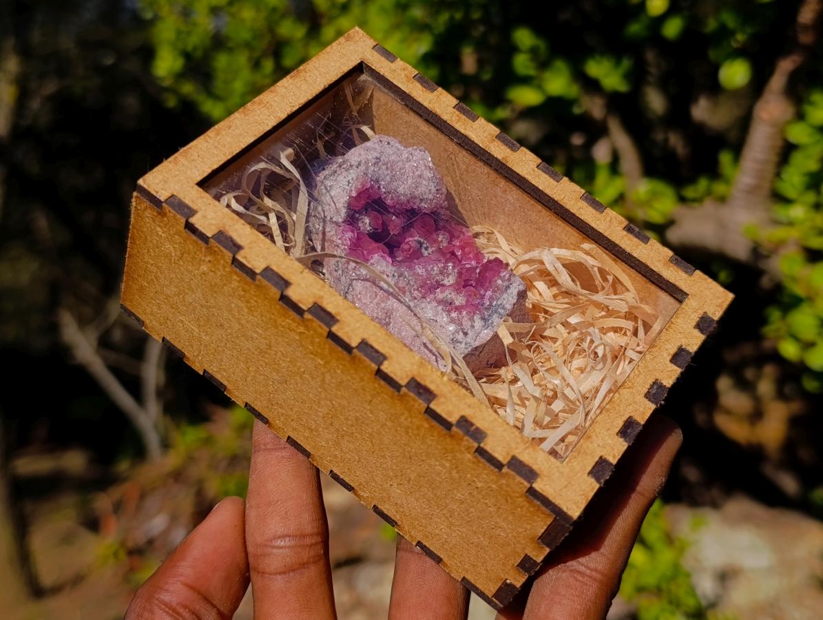 Natural Rare Hot Pink Spherocobaltite Specimen in Wooden Display Box x 1 From Mashamba West Mine, Congo