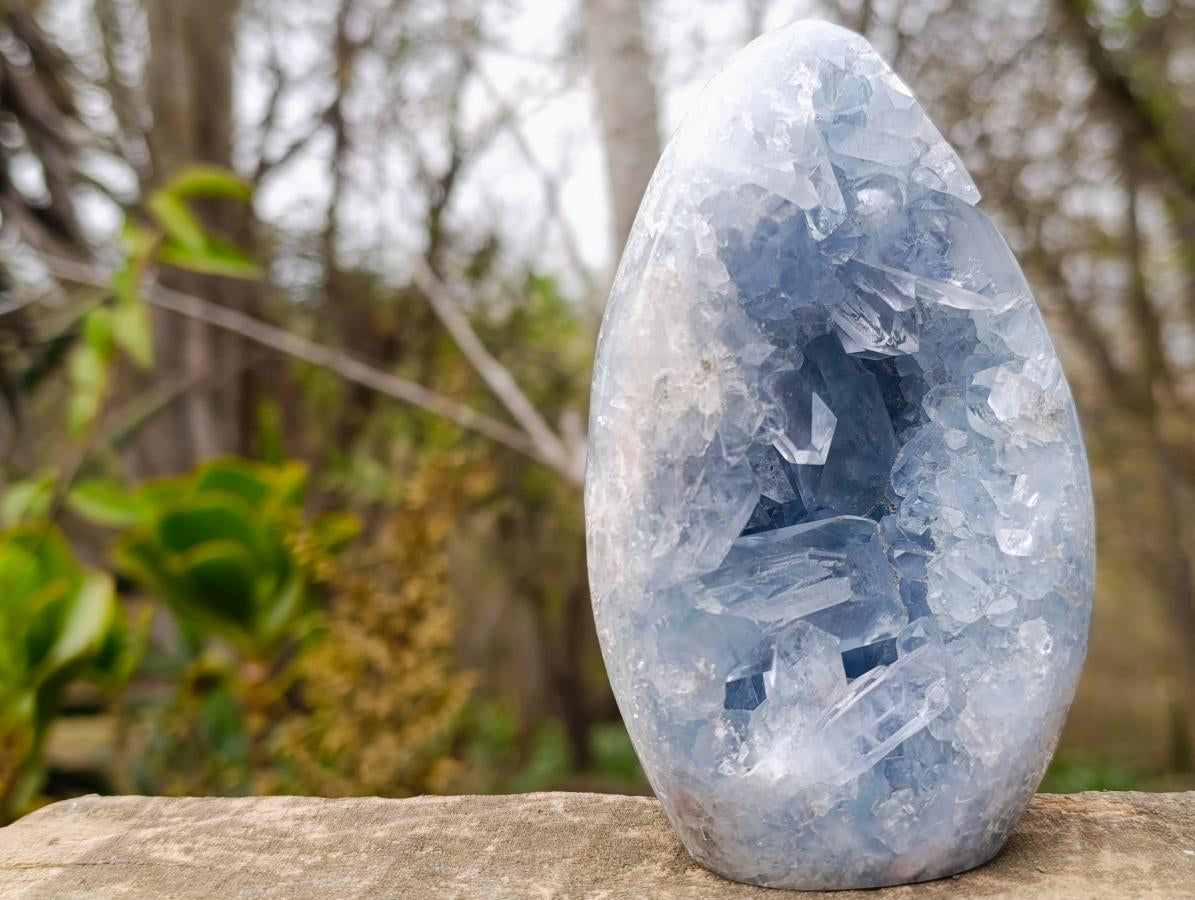 Polished and Natural Blue Celestite Geode Standing Display Piece x 1 From Sakoany Madagascar