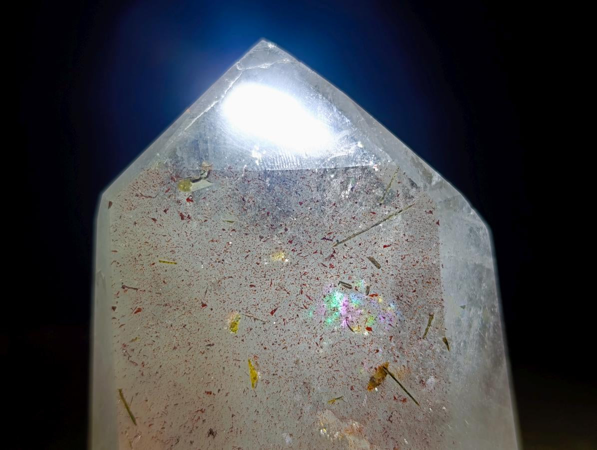 Polished "Harlequin Quartz" Crystal with Lepidolite and Tourmaline Needles x 1 From Madagascar