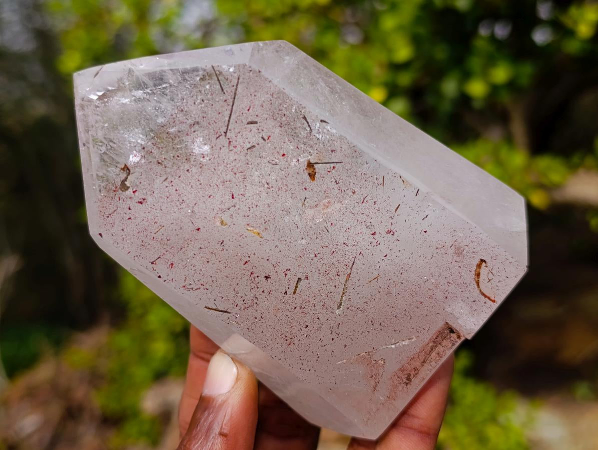 Polished "Harlequin Quartz" Crystal with Lepidolite and Tourmaline Needles x 1 From Madagascar