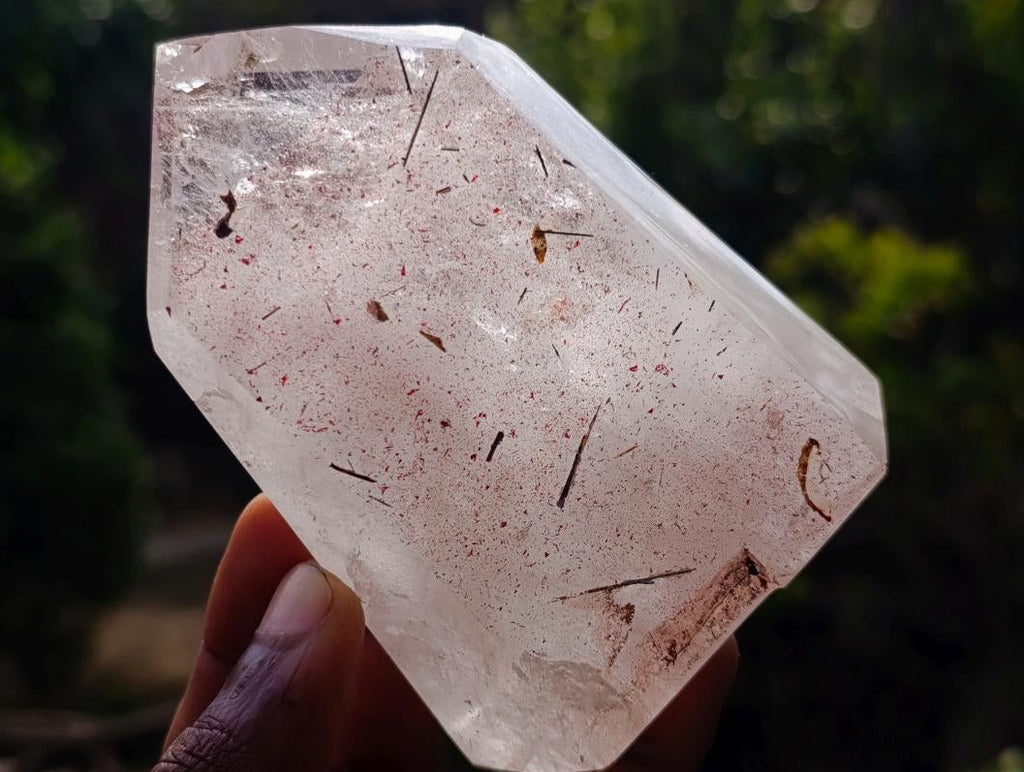 Polished "Harlequin Quartz" Crystal with Lepidolite and Tourmaline Needles x 1 From Madagascar