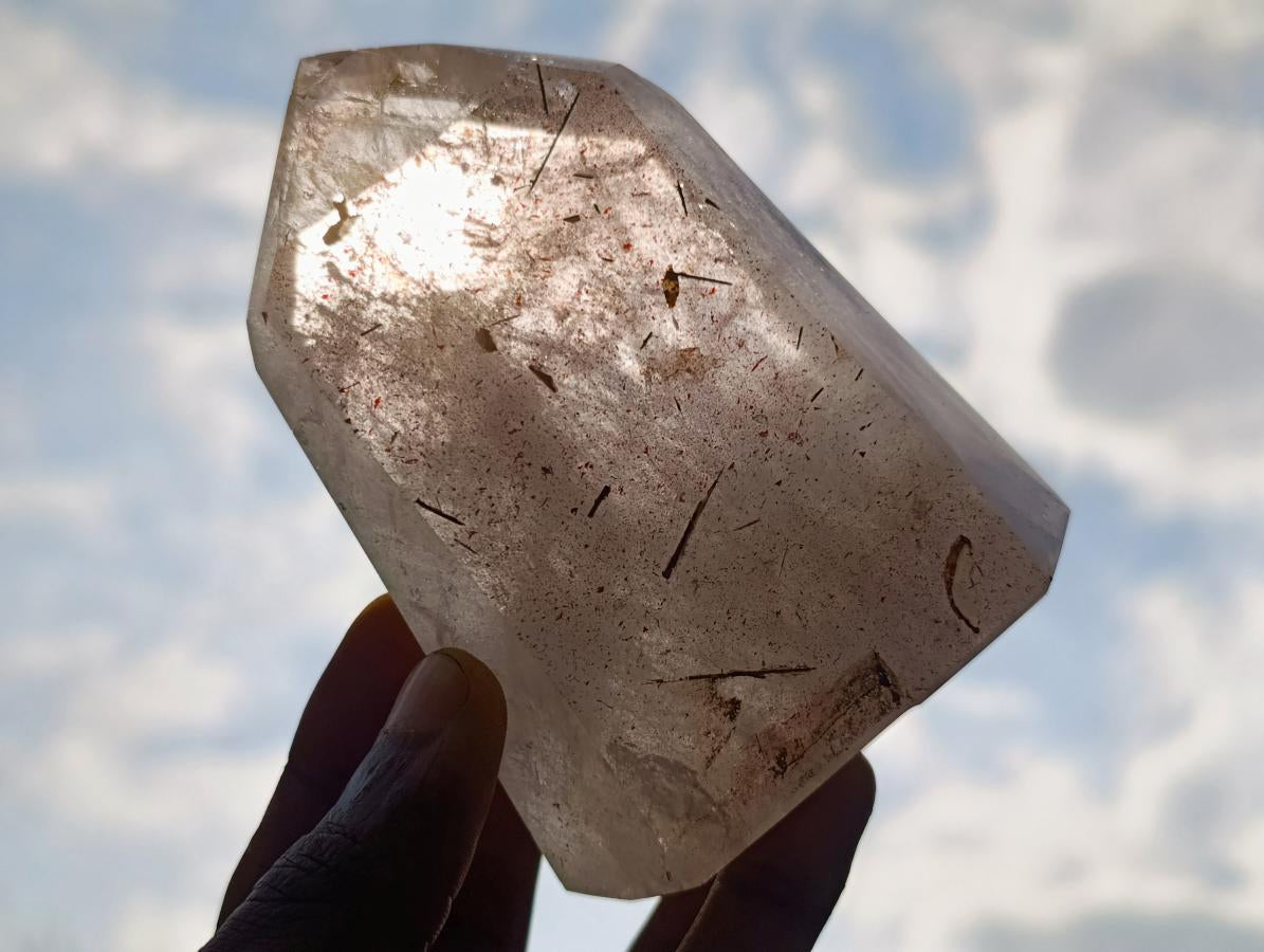 Polished "Harlequin Quartz" Crystal with Lepidolite and Tourmaline Needles x 1 From Madagascar