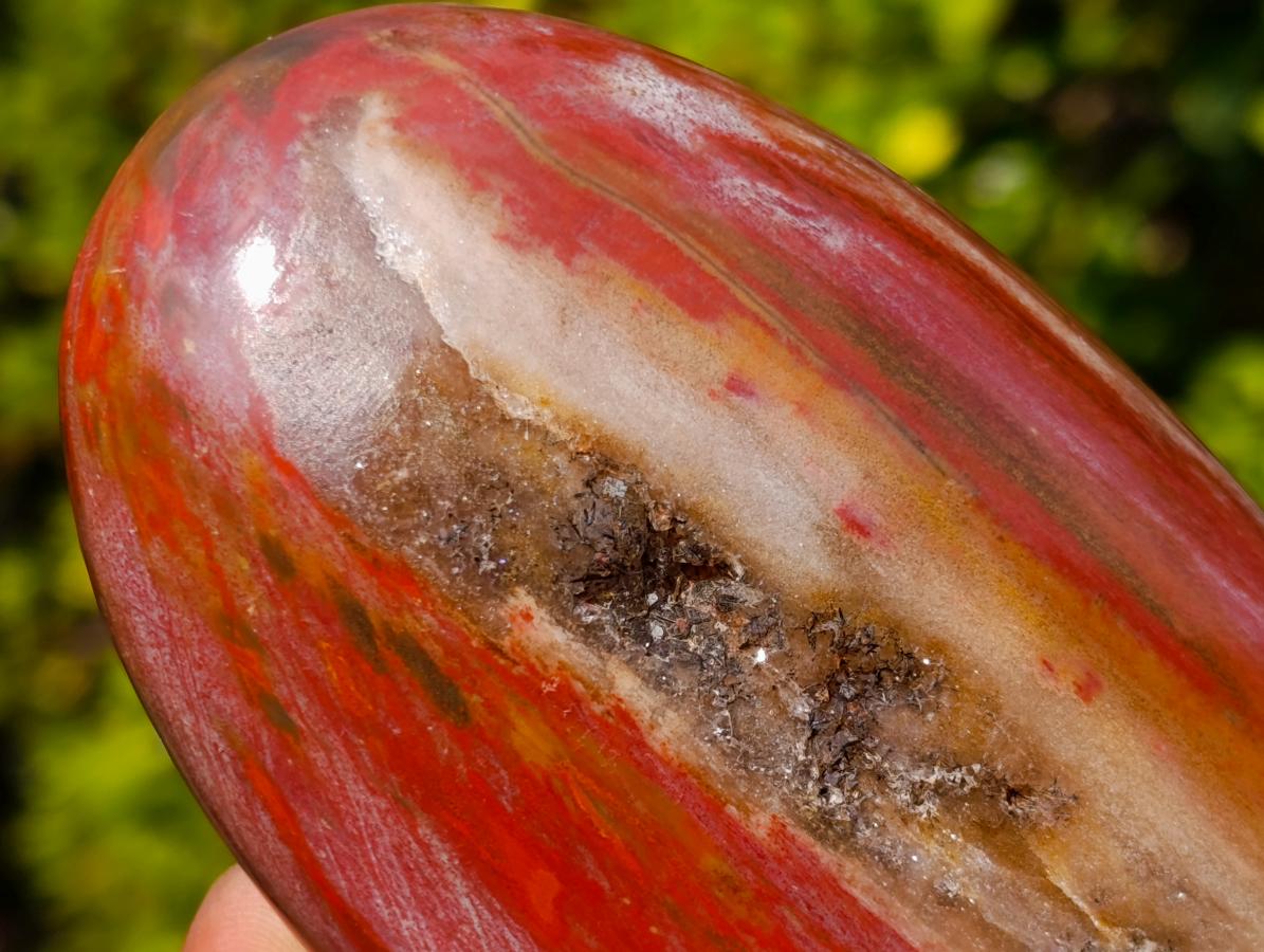 Polished Red Podocarpus Petrified Wood Standing Display Piece with Crystalline Vug x 1 From Mahajanga, Madagascar