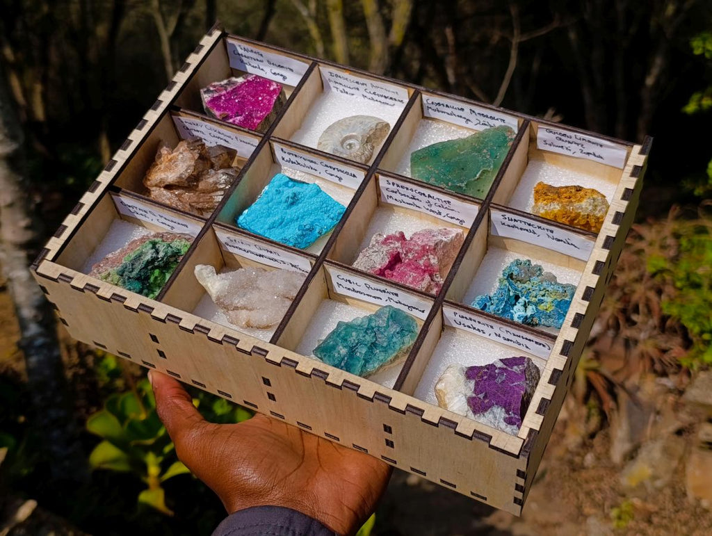 Polished and Natural Mix Set of 12 Minerals and Crystals in a Wooden Display Box x 1 From Southern Africa