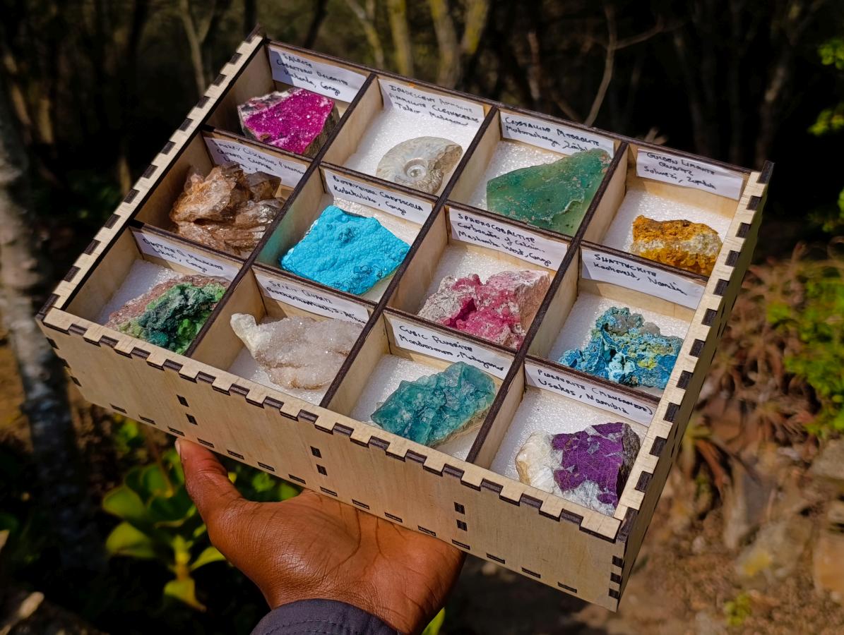 Polished and Natural Mix Set of 12 Minerals and Crystals in a Wooden Display Box x 1 From Southern Africa
