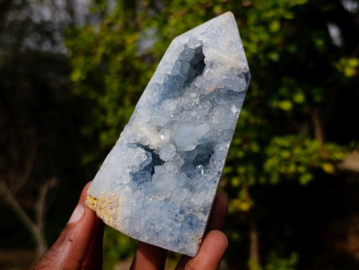 Polished and Natural Blue Celestite Display Crystal x 1 From Sakoany Madagascar