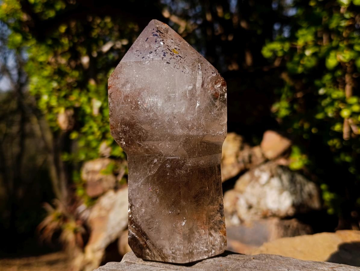 Polished Large Smokey Sceptre Window Quartz Crystal with Specular Hematite Inclusions x 1 From Akansobe, Madagascar