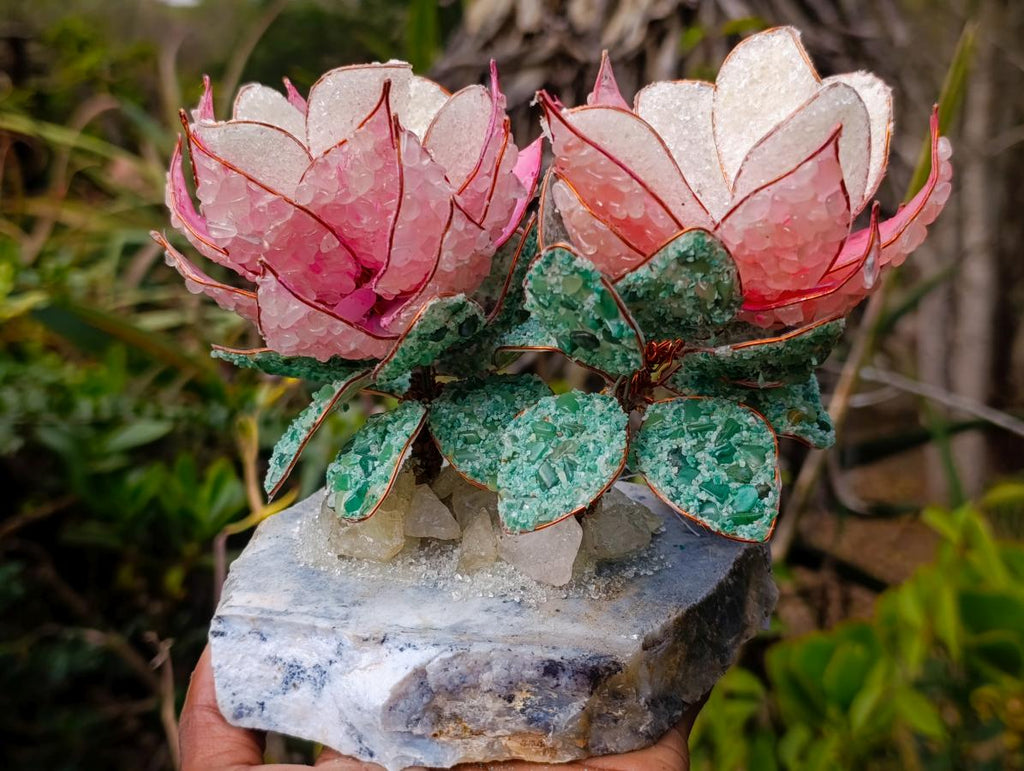 Hand Made Large Gemstone Art Twin King Protea Flower Ornament x 1 From South Africa
