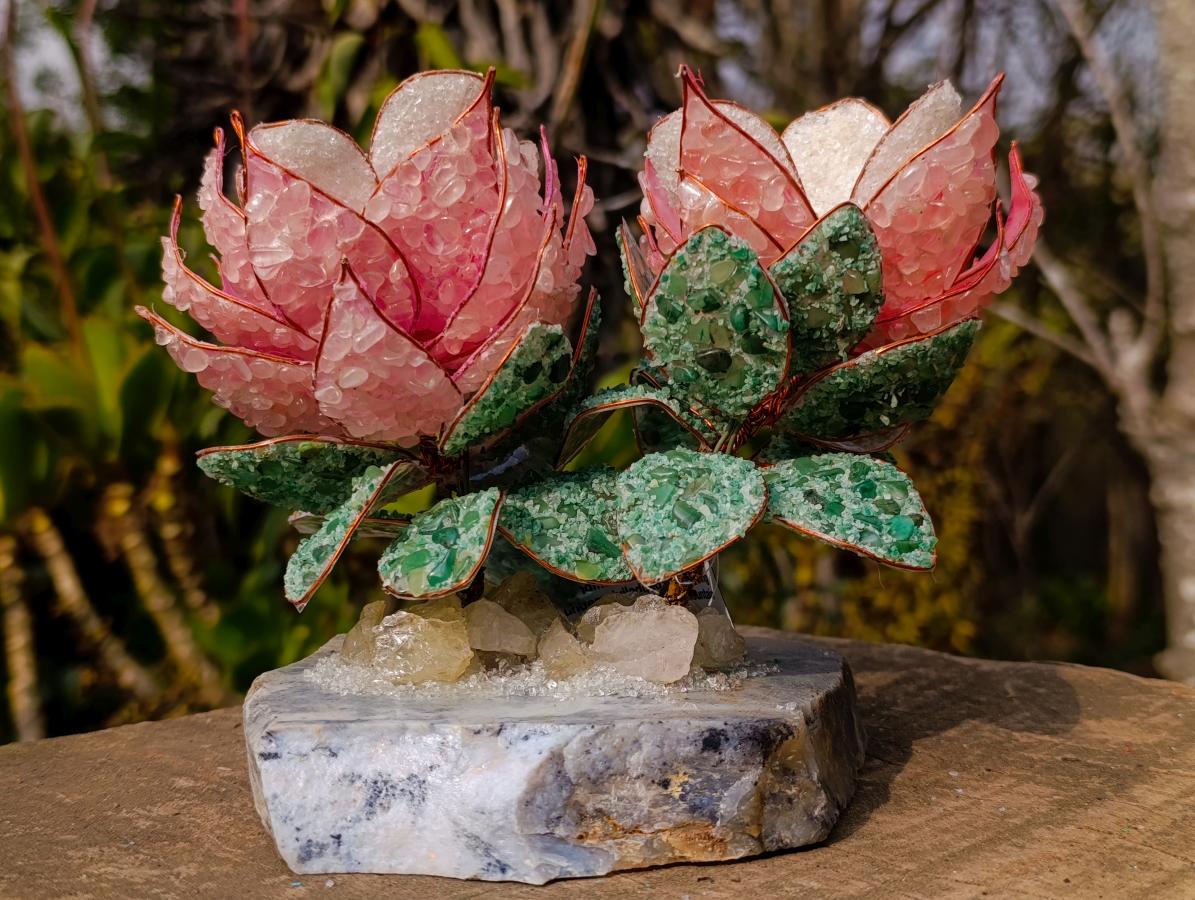Hand Made Large Gemstone Art Twin King Protea Flower Ornament x 1 From South Africa