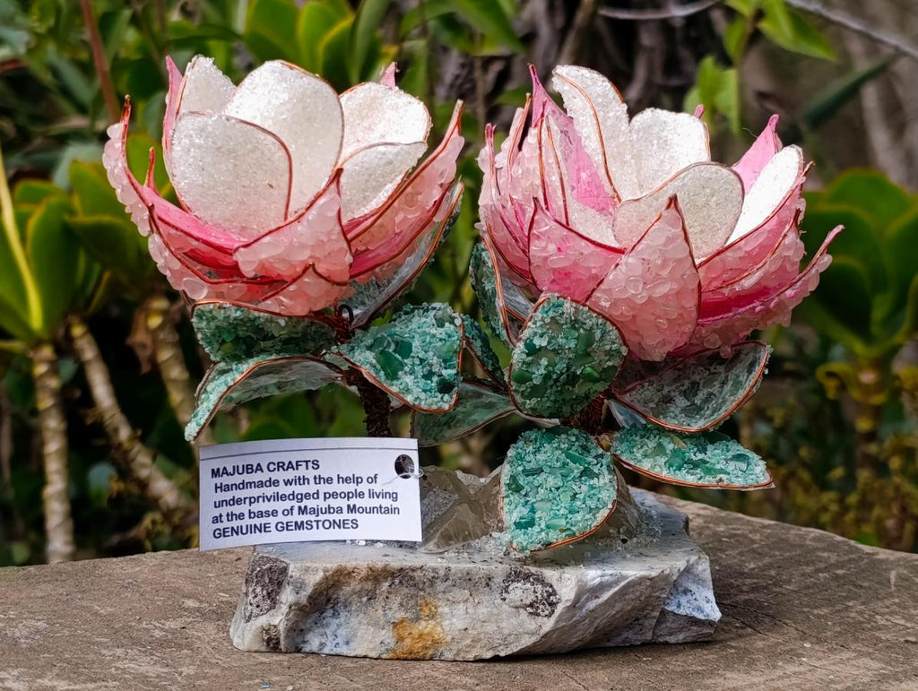 Hand Made Large Gemstone Art Twin King Protea Flower Ornament x 1 From South Africa