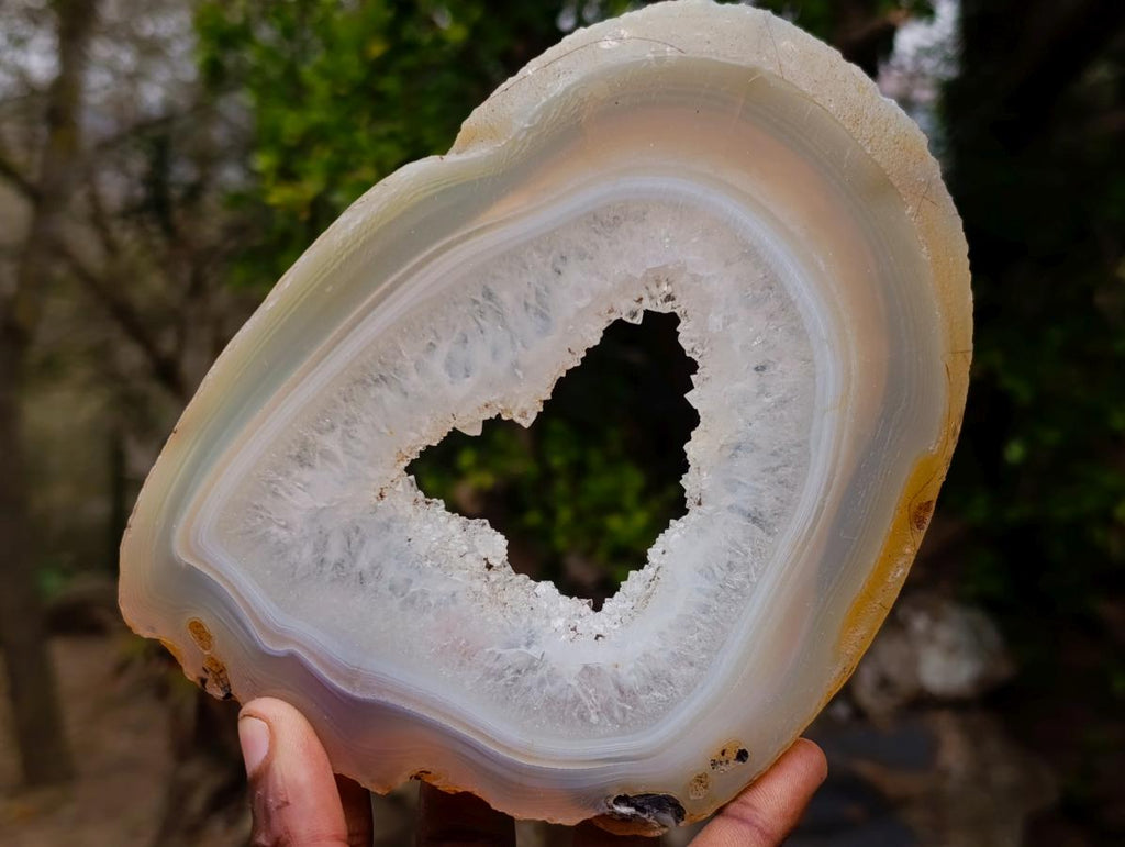Polished and Natural Pair of Banded Agate Slices with Crystalline Centres x 1 From Maintirano, Madagascar