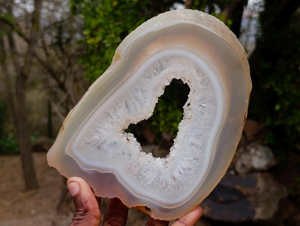 Polished and Natural Pair of Banded Agate Slices with Crystalline Centres x 1 From Maintirano, Madagascar