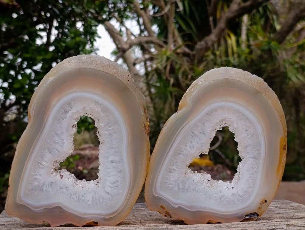 Polished and Natural Pair of Banded Agate Slices with Crystalline Centres x 1 From Maintirano, Madagascar