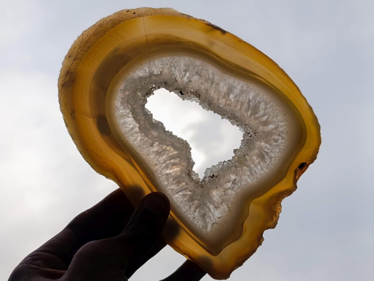 Polished and Natural Pair of Banded Agate Slices with Crystalline Centres x 1 From Maintirano, Madagascar