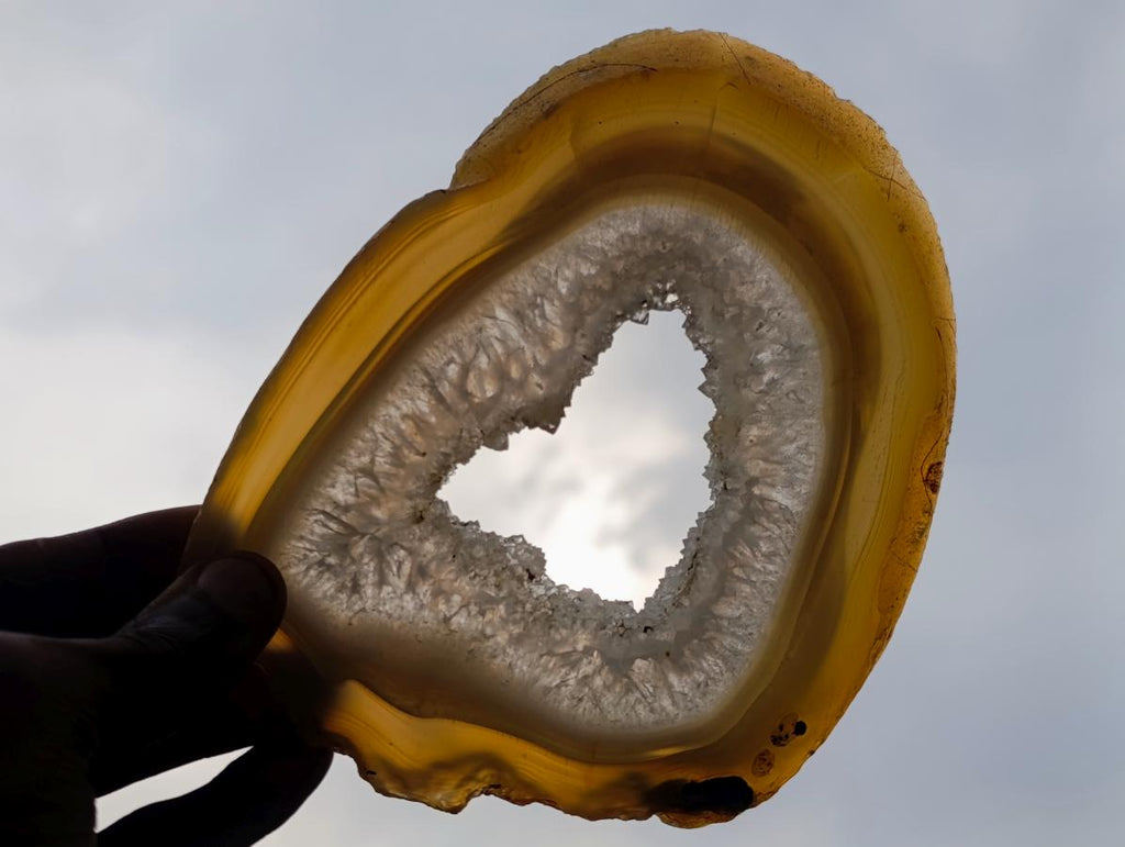 Polished and Natural Pair of Banded Agate Slices with Crystalline Centres x 1 From Maintirano, Madagascar