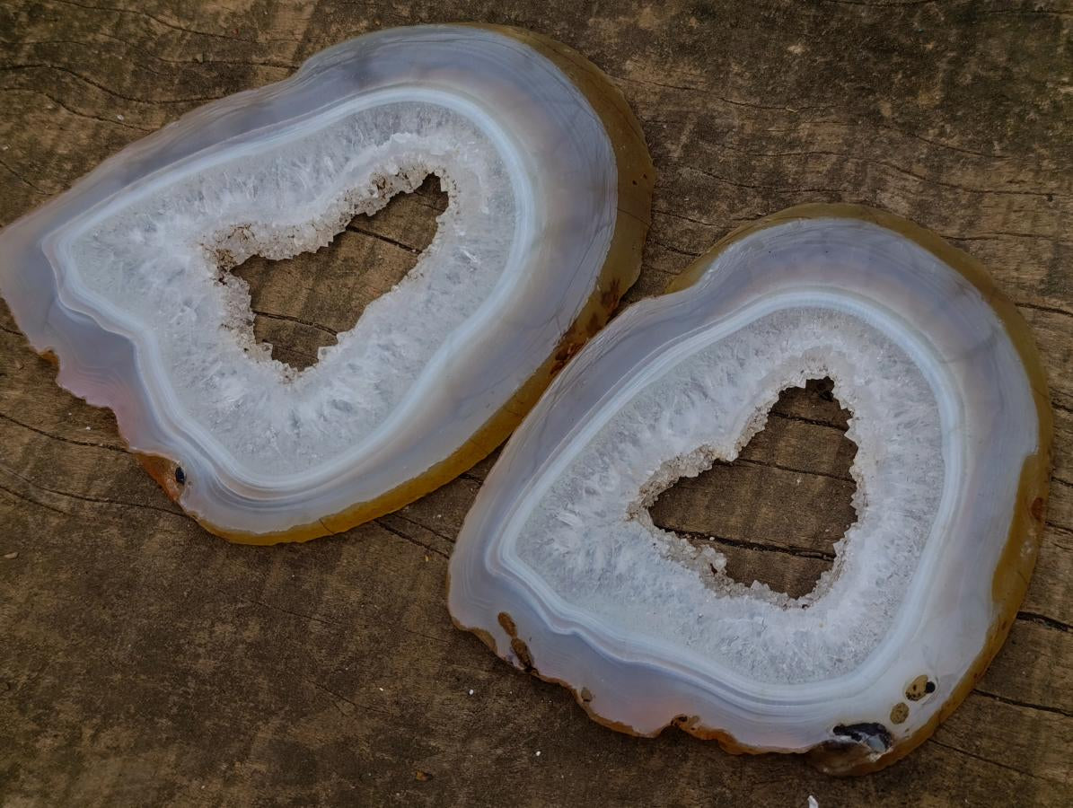 Polished and Natural Pair of Banded Agate Slices with Crystalline Centres x 1 From Maintirano, Madagascar