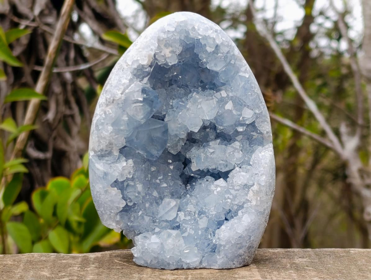 Polished and Natural Blue Celestite Geode Standing Display Piece x 1 From Sakoany Madagascar