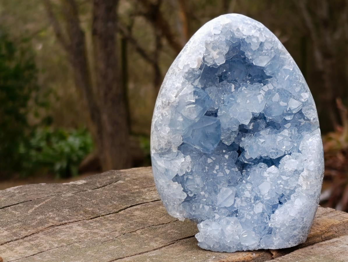 Polished and Natural Blue Celestite Geode Standing Display Piece x 1 From Sakoany Madagascar