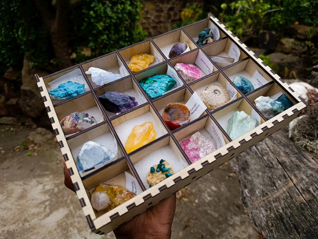 Polished and Natural Mix of African Specimens Set of 20 in a Wooden Display Box x 1 From Southern Africa