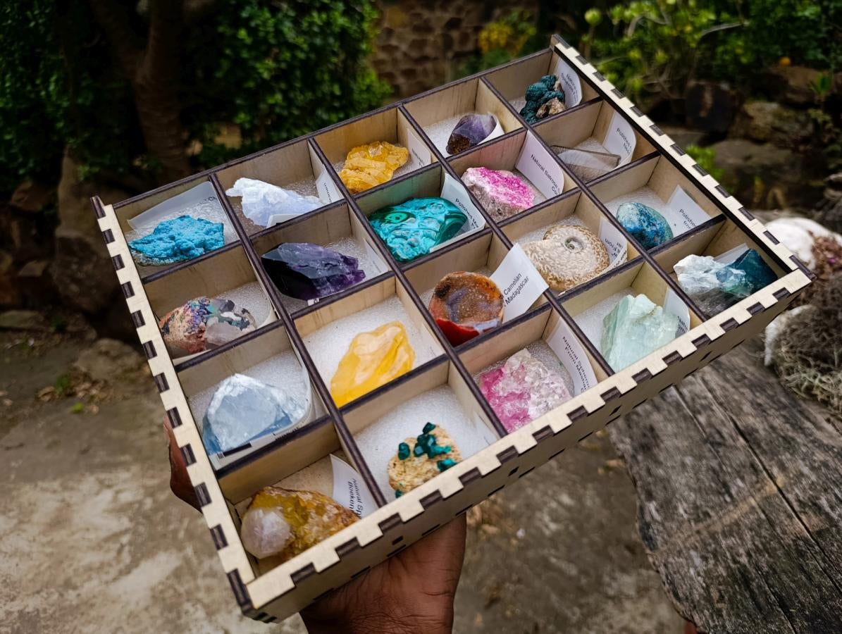 Polished and Natural Mix of African Specimens Set of 20 in a Wooden Display Box x 1 From Southern Africa