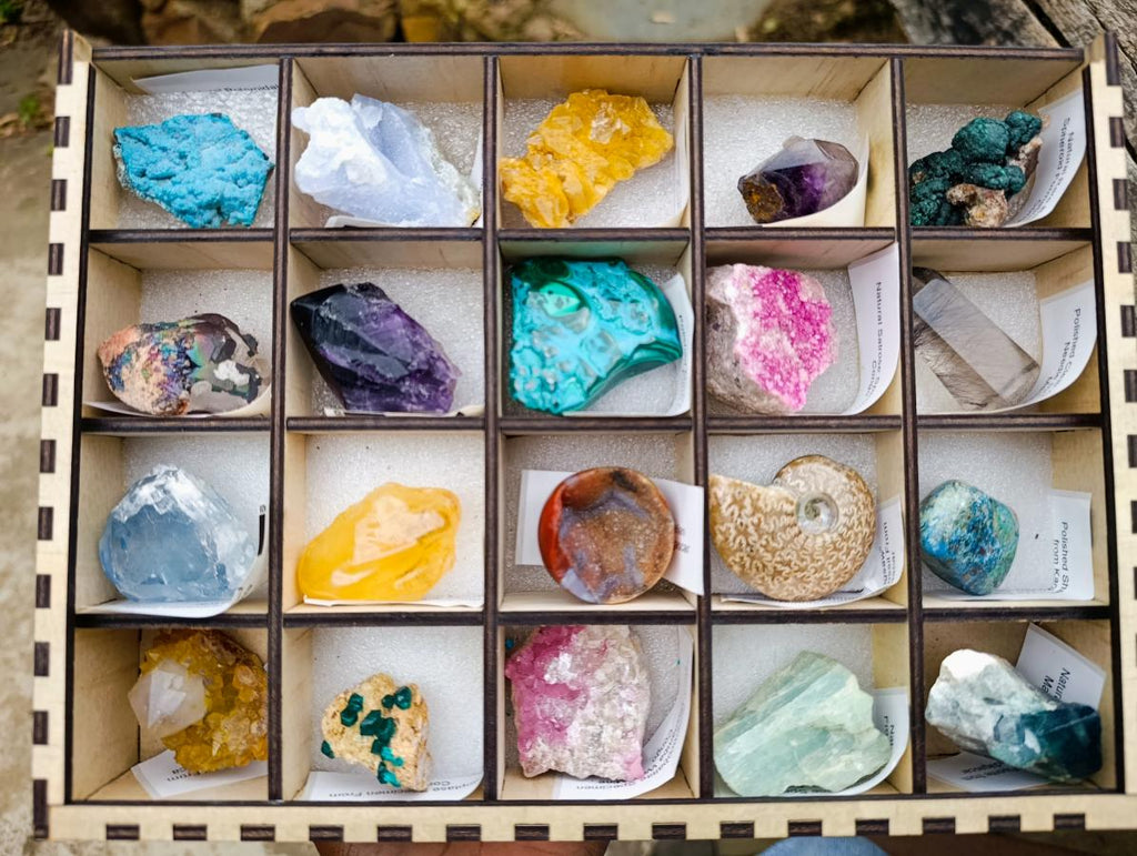 Polished and Natural Mix of African Specimens Set of 20 in a Wooden Display Box x 1 From Southern Africa