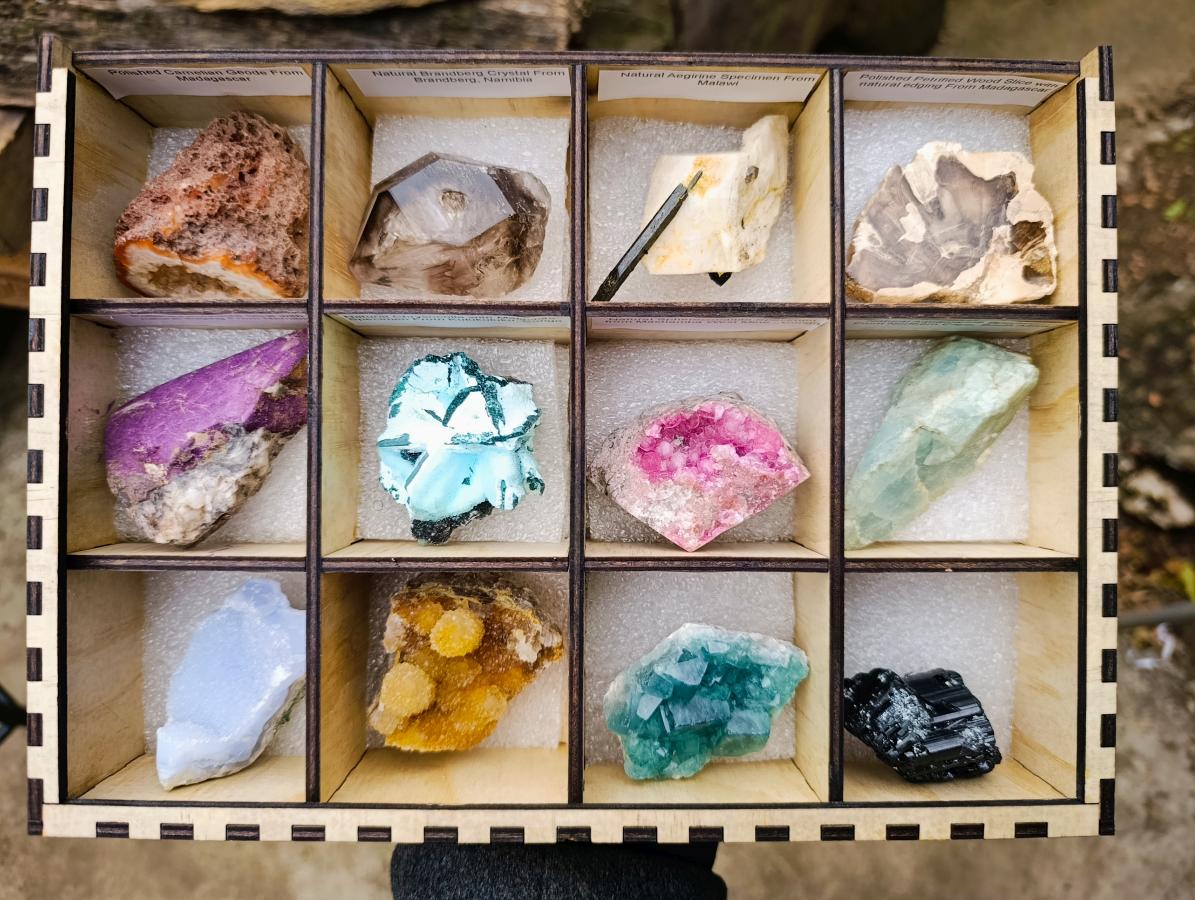 Polished and Natural Mix of African Specimens Set of 12 in a Wooden Display Box x 1 From Southern Africa