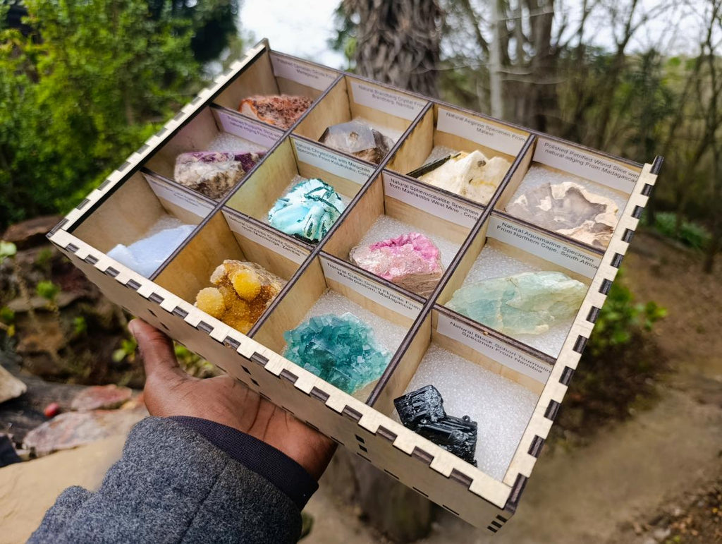 Polished and Natural Mix of African Specimens Set of 12 in a Wooden Display Box x 1 From Southern Africa