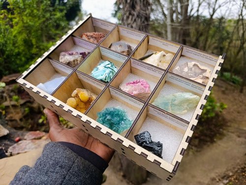 Polished and Natural Mix of African Specimens Set of 12 in a Wooden Display Box x 1 From Southern Africa