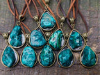 Hand Made Dioptase Teardrop Pendant with Leather Necklace - Sold Per Piece - From Congo