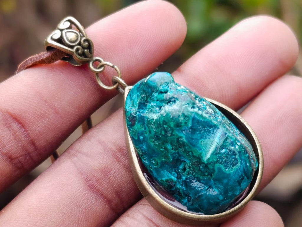 Hand Made Dioptase Teardrop Pendant with Leather Necklace - Sold Per Piece - From Congo